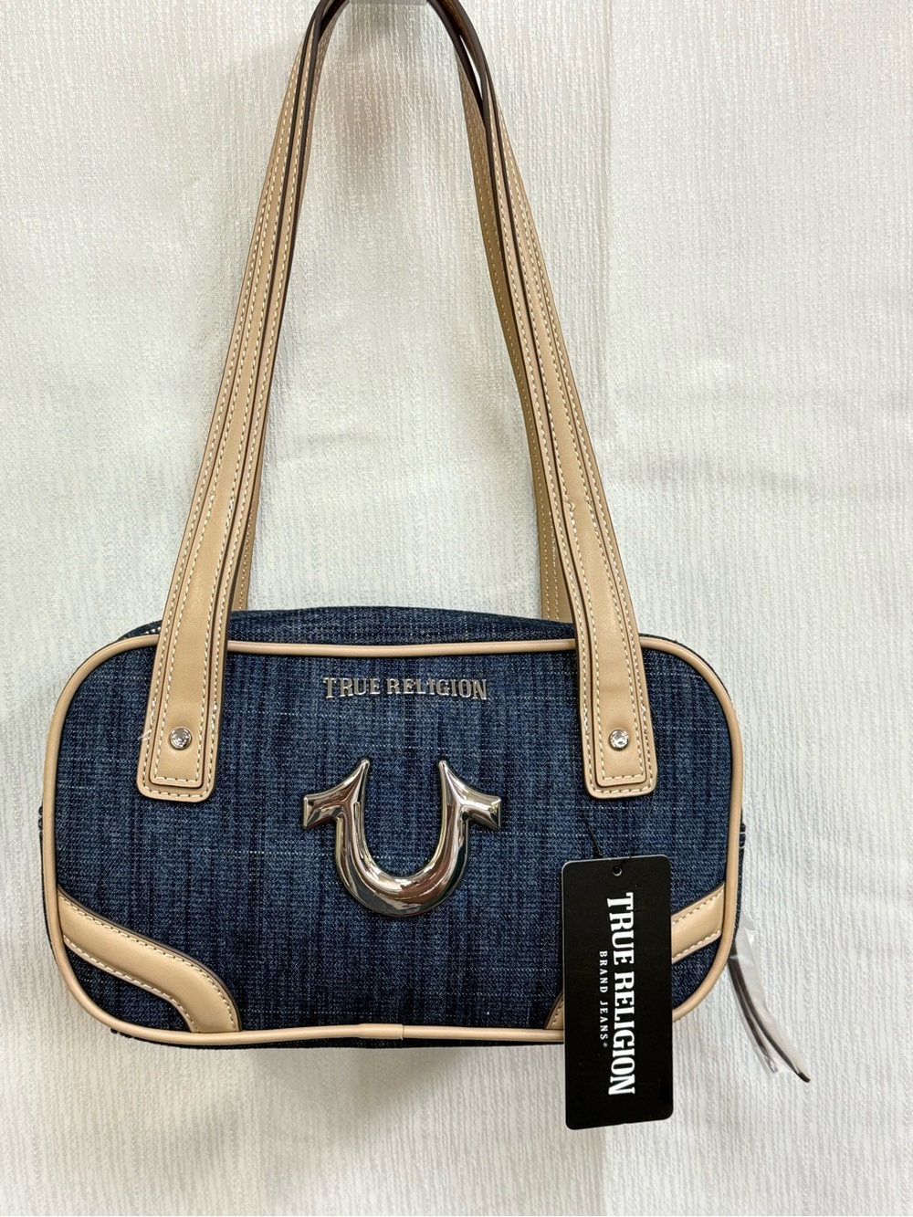 True Religion Denim Shoulder Bag with Tan Trim and Silver Logo